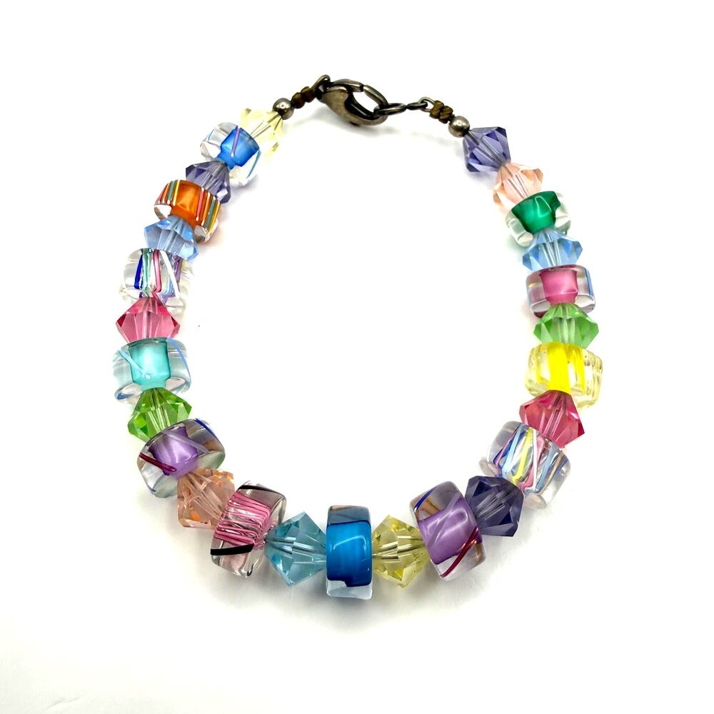 Vintage 925 Sterling Silver Colorful Candy Stripe Art Glass Bead Bangle Bracelet